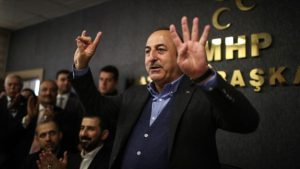 وزير الخارجية التركي مولود تشاوش أوغلو يرفع يرفع شارتين ترمزان إلى تنظيم الإخوان والذئاب الرمادية الإرهابيين
